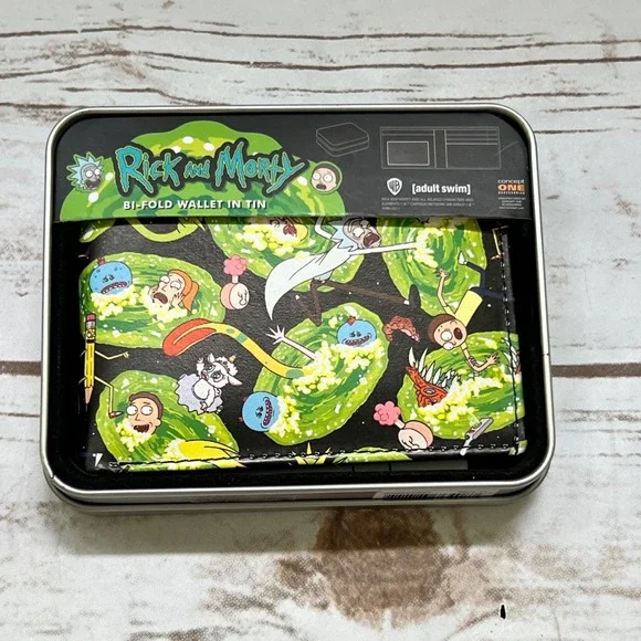Rick and Morty NIB Bi-Fold Wallet Multicolor Portal Graphic Print with Tin OS