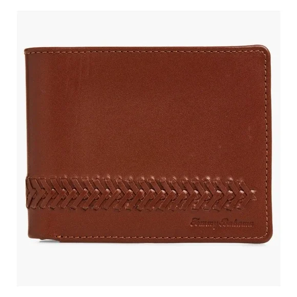 NWB Tommy Bahama Men's Tan LEATHER Lace Details‎ Bifold Wallet Gift