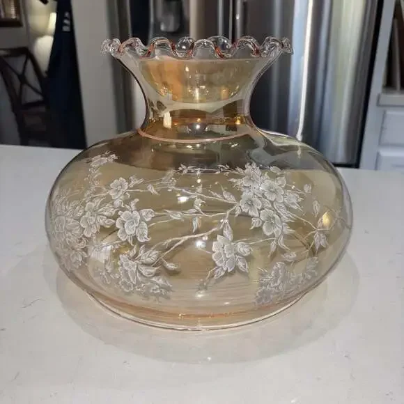Vintage Hurricane Ruffled Iridescent Amber Glass Shade White Floral 9.5” Fitter