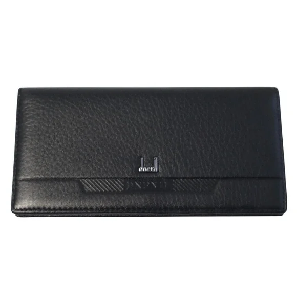 Dnexil Mens Black Pebble Grain Leather Long Bifold Wallet with ID Window & Pouch