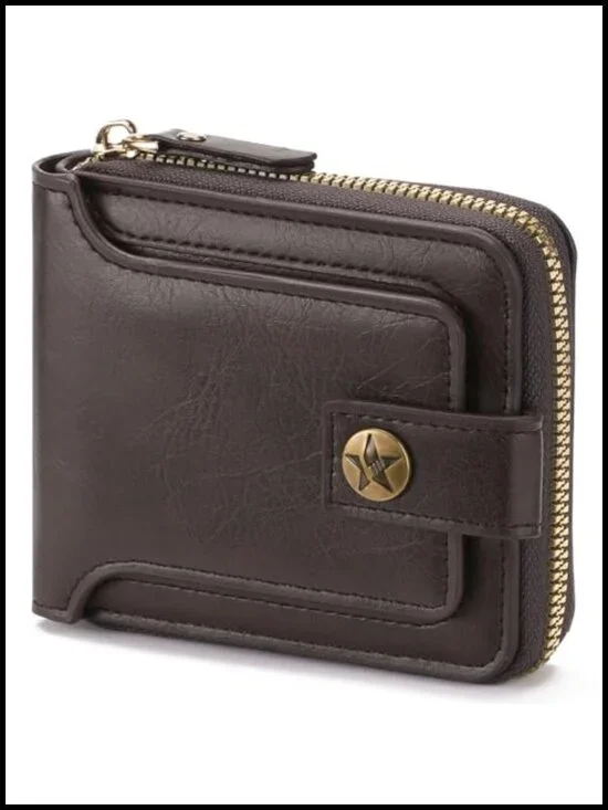 Men's Leather Bifold Wallet with ID Window, Zip Coin Pocket & 10 Card Slots