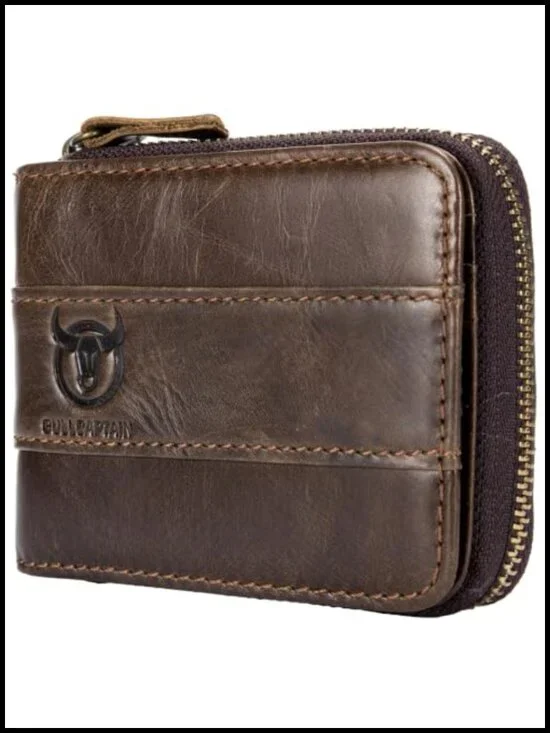 Genuine Cowhide Leather RFID Blocking Zipper Wallet with Coin Pocket