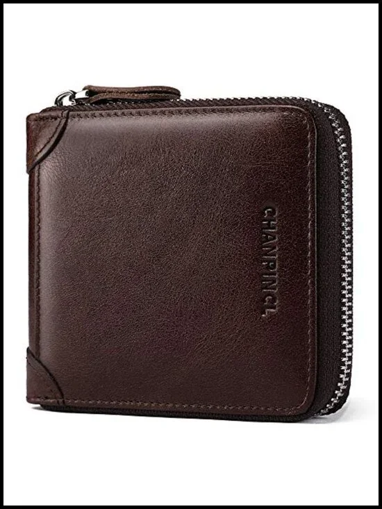 Genuine Leather RFID Zipper Wallet Large Capacity Bi-Fold 8 Card Slots Coin