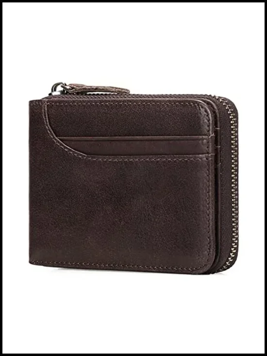 Genuine Leather RFID Front Pocket Zip Bifold Wallet for Men