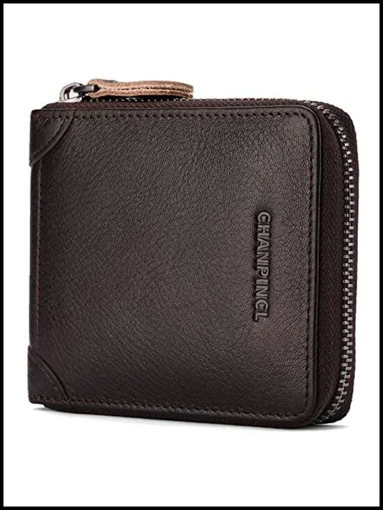 Genuine Leather Zipper Wallet RFID Secure Large Capacity Double Fold Multi-card