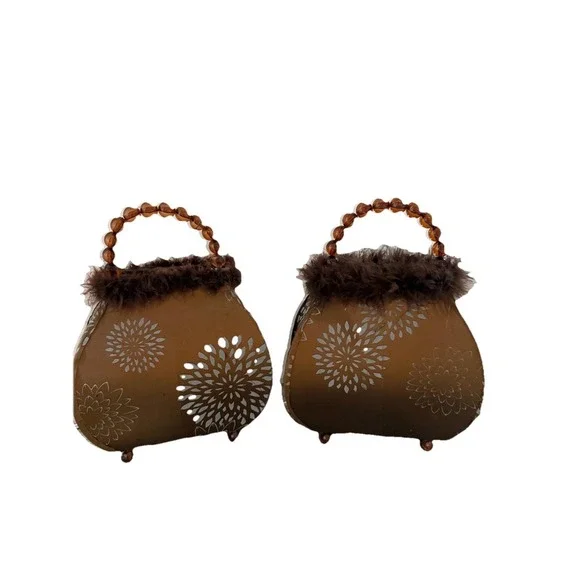PURSE LAMP Pair Table Top Light Vintage Style‎ NIGHT Brown  Fuzzy Fur Art Deco