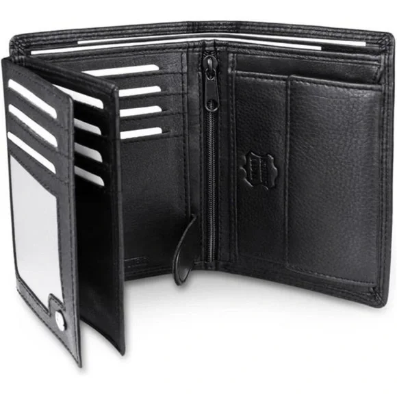Mens Black Nappa Genuine Leather Wallet Trifold Large Capacity Gift for Men Him