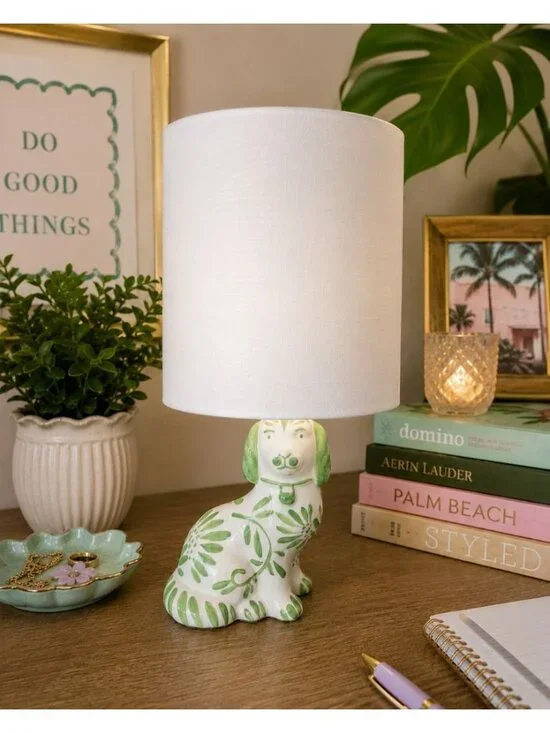 New Green & White Ceramic Dog Chinoiseriw Coastal Home Office Room Decor Lamp