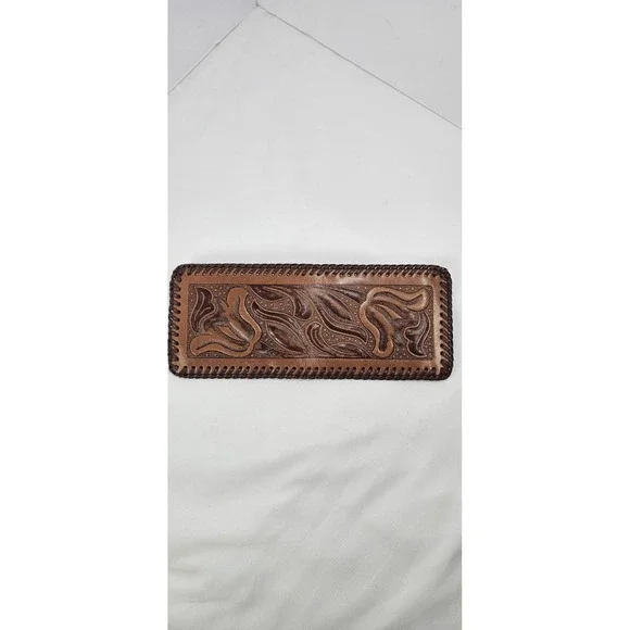 Vintage Genuine‎ Leather Tooled Wallet Western Long Bifold Coin Pocket Brown