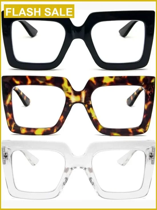 3 Pack Oversized Square Reading Glasses Blue Light Blocking Spring Hinges