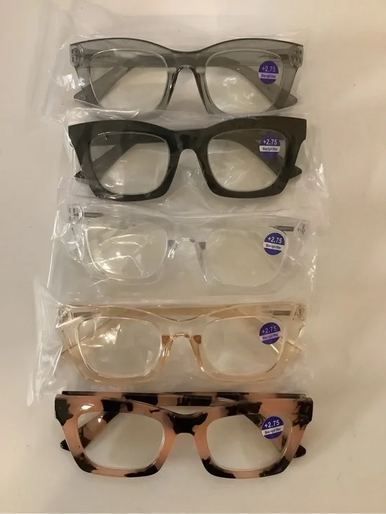 Women’s Reading Glasses +2.75 Blue Light Filter, (Set of 5) & 4 Sleeves. New