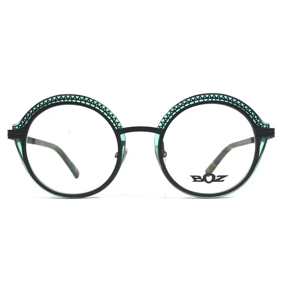 Boz Eyeglasses Frames ITZA 4000 Black Clear Green Round Full Rim 48-21-140
