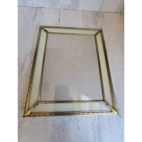 Vintage brass photo frame golden trim Victorian rustic glass home decor figure