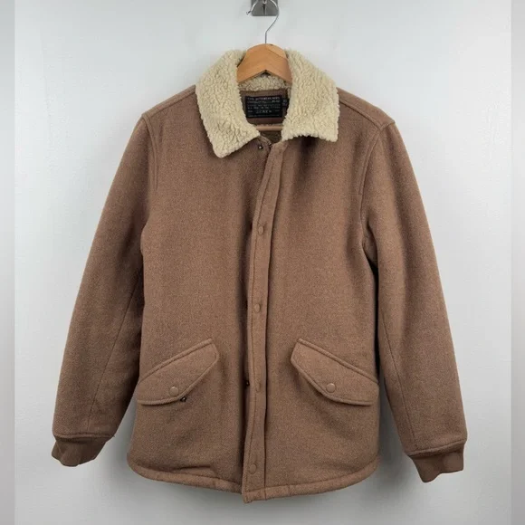 J.Crew Men Sherpa‎ Lined Wool Blend Varsity Jacket Camel Brown Size XS