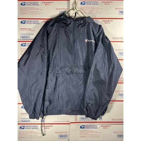 Champion Pullover Jacket Mens Large Hooded Windbreaker Black‎ Recycled Polyester