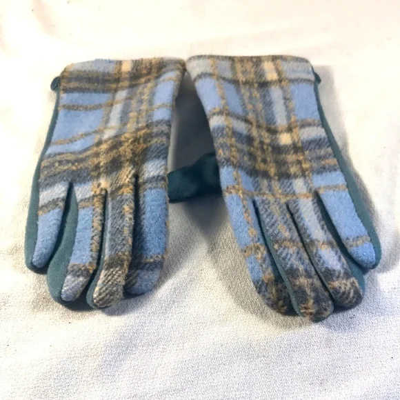 Topitoff Blue and Tan Plaid Touchscreen Cotton Blend Cozy Winter Gloves