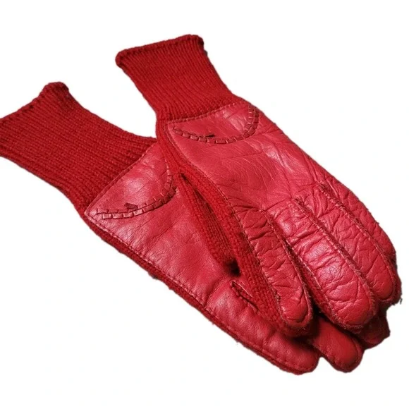 Vintage‎ Aris Red Leather Knit Driving Gloves Winter Warm Retro Mid-Century OS