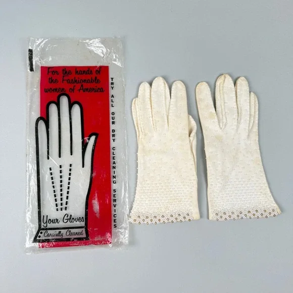 Vintage White Beaded Gloves Formal Evening‎ Party Glamour