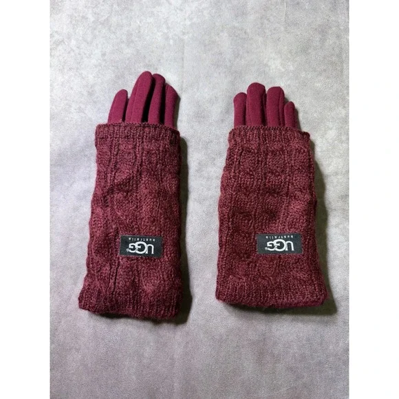 UGG Australia Burgundy Cable Knit 2-in-1 Touchscreen Gloves Fleece LinedRN148903