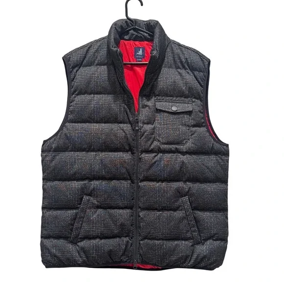 johnnie-O Men's Grey Plaid Golf‎ Quilted Puffer Full Zip Vest Red Lined Size XL