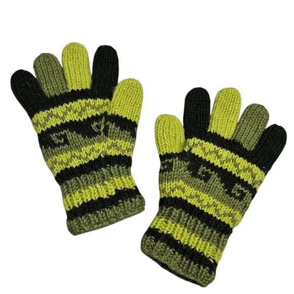 Handmade Wool Striped Knit Gloves Lime Green Artsy Art To‎ Wear Granola Gorpcore