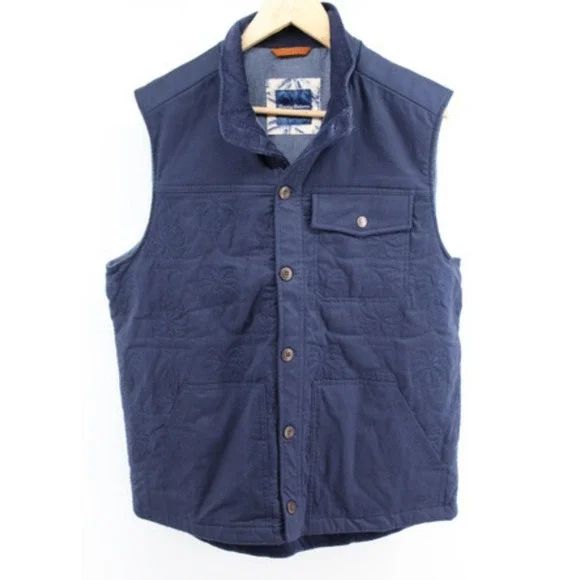 Tommy Bahama Quilted Vest Mens‎ M Navy Button Front Palm Pattern Travel Golf NWT