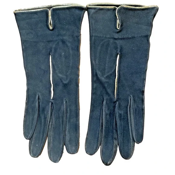 Vintage Black Suede Ladies Dressy Wrist Gloves Gold Metallic Trim Mid Century