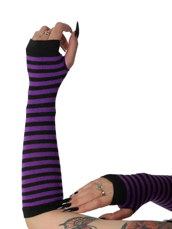 Purple & Black Striped Fingerless Gloves for Women