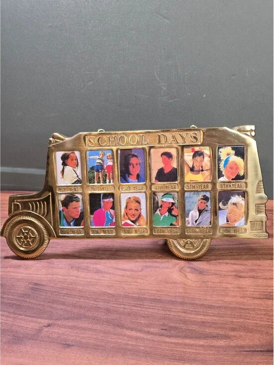 Vintage Brass School Bus Picture Frame K-12 Yearly School Days Photo Display