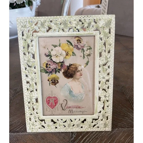 Vtg Victorian Valentine Card Framed in Metal Floral Easel Back Frame 5x7