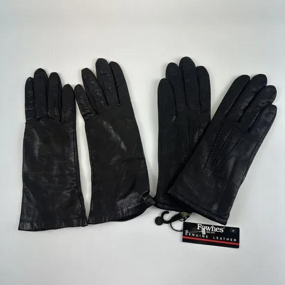 Fownes Leather Gloves Lot 2 Vintage Black Real Kid Leather Silk Lining‎ Women 7