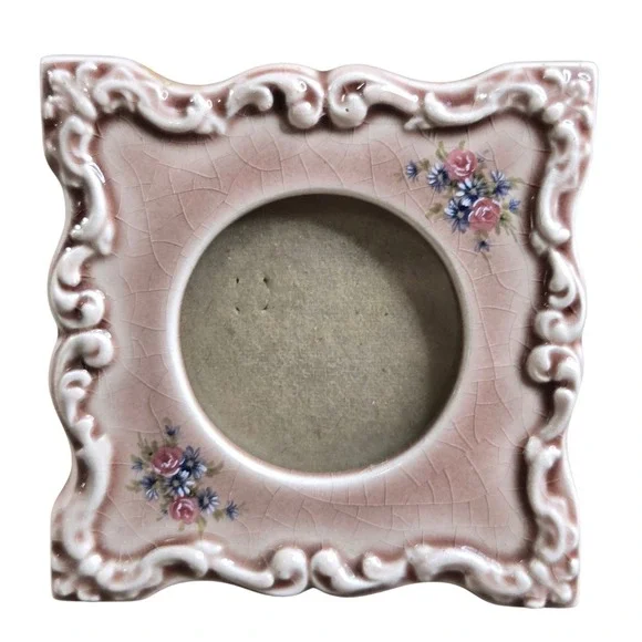 Vintage Miniature Ceramic Picture Frame Pink Crackle Glaze Floral Shabby Chic 4