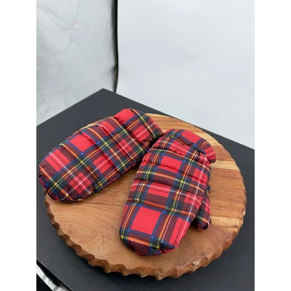 J. Crew Tartan Plaid Puffer Mittens Womens OS Red Quilted Fleece Lined Winter