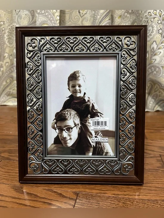 Malden Int.’l Designs Dark Wood Picture Frame with Silver Heart Filigree Accent