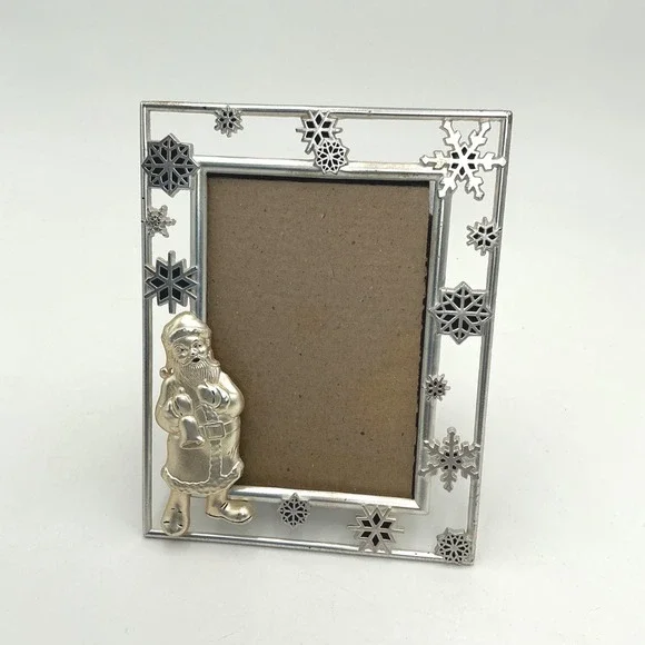 Silver Tone Santa Claus Snowflake Christmas Picture Frame 3.5x5 Holiday Decor