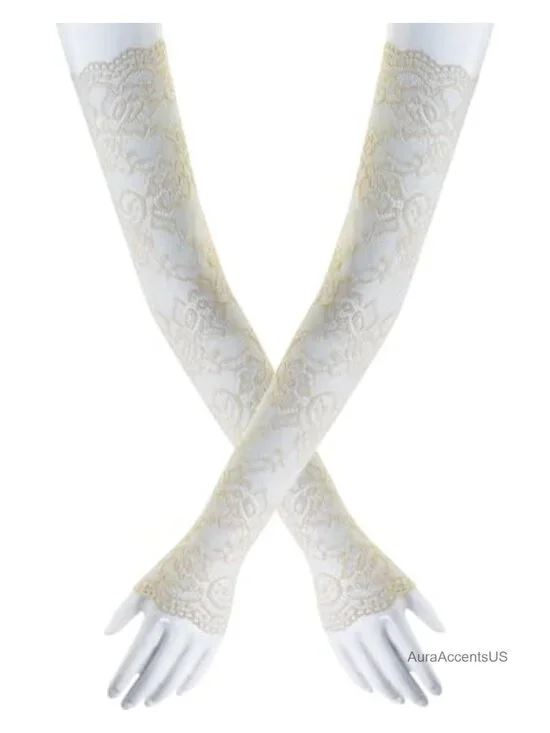 Women Fingerless Elbow Length Lace Gloves Floral Opera Gloves Pair