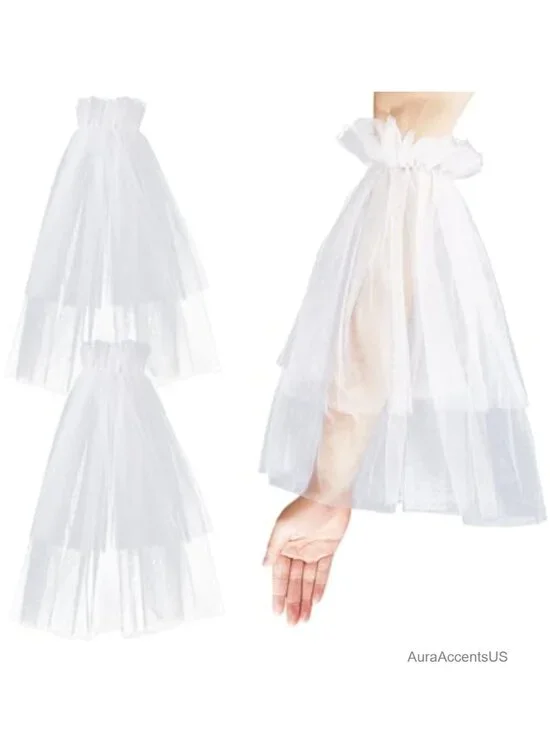 White Lace Arm Sleeves Nylon Sheer Puffy Fingerless Detachable Long Gloves