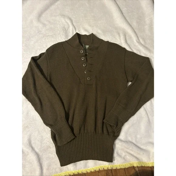 Vintage US Military 1982 Wool Blend 5 Button Henley Sweater Small OD Army