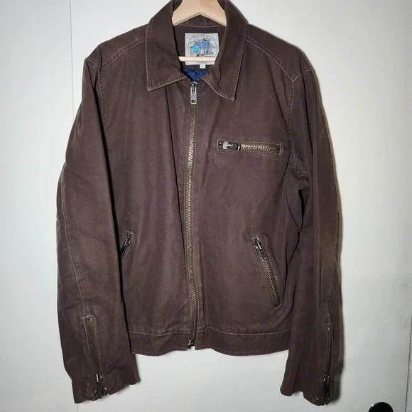 7 For All Mankind Canvas Jacket Mens L Brown Quilted Lining Full Zip Moto Wester