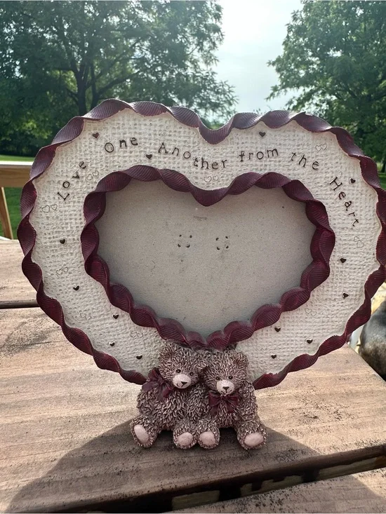 Heart-Shaped Photo Frame with Twin Teddy Bears - Cream & Burgundy