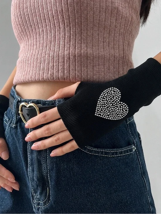Black Fingerless Gloves with Rhinestone Heart Accent - Women Accessories
