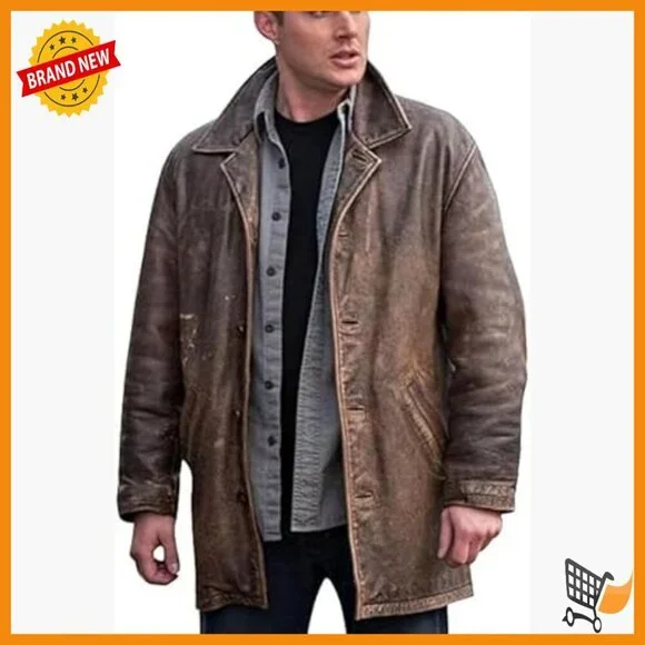 Men's Distressed Genuine Leather Trench Coat, 3/4 Length, Fitted