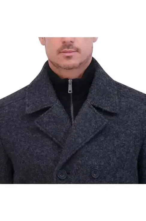 Kenneth Cole Men's Notched Lapel Wool Blend Pea Coat with Knit Bib.