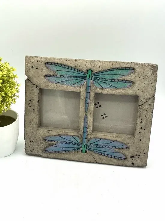 Dragonfly Double Photo Frame, Faux Stone Resin, 9x8