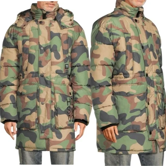 HUDSON JEANS Camo Quilted & Hooded Parka Puffer Men’s Winter Coat Size Small