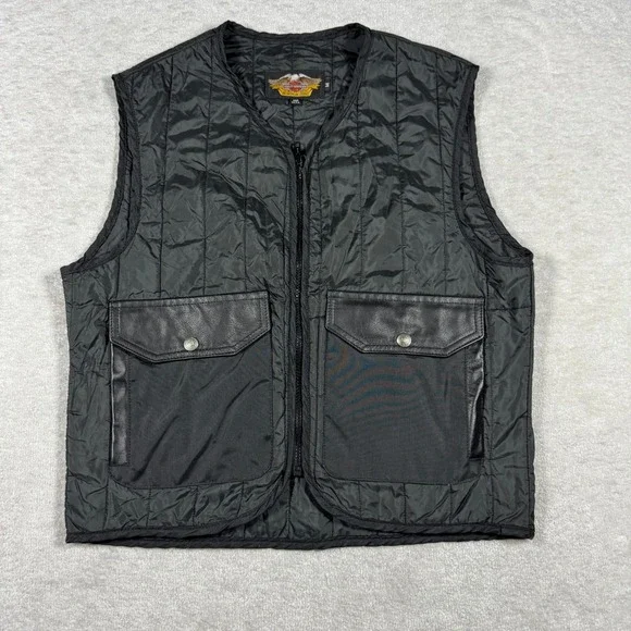 Harley Davidson Mens Black Quilted Vest‎ Thermolite Leather Trim Made in USA M