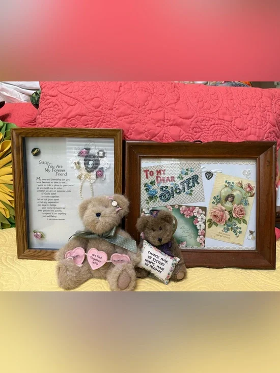 Wood-Framed Sister Collage Wall Art with Pink Accents Boyds Bears