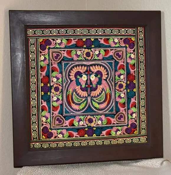 Vintage Folk Art Hand Stitched Embroidery Otomi Mounted & Framed
