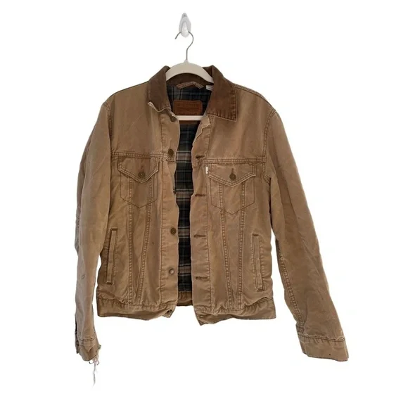 Levi Strauss Vintage Trucker Jacket Brown Tan Corduroy Collar Plaid workwear