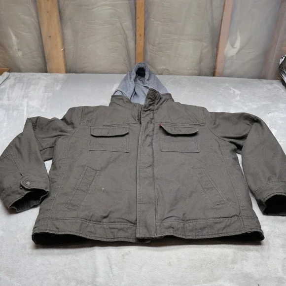 Levi Jacket Men‎ Large Brown Canvas Sherpa Lined Removable Hood Insulated Work